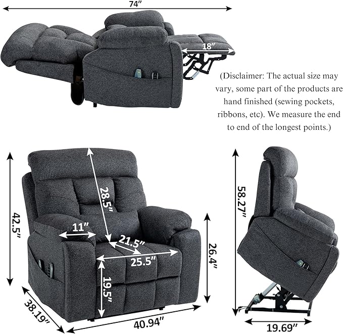 4-Motor Lay Flat Power Lift Recliner Chair with Heat &amp Massage - Power Adjustable Headrest Backrest Lumbar &amp Legrest - Big Tall Recliners 4-Point Massage (Seat Heating)