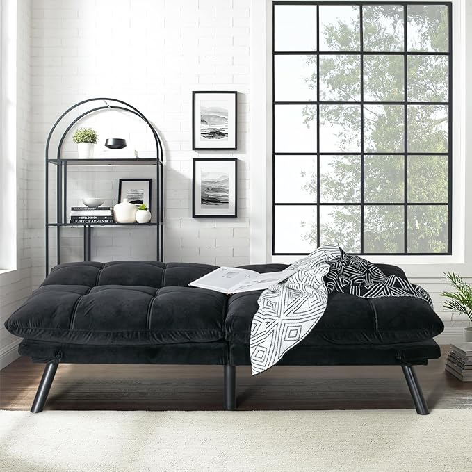 67” Velvet Futon Sofa Bed Convertible Small Upholstered Couch 2-Seat Loveseat Sleeper with Adjustable Backrest and Armrest for Small Space ApartmentGaming RoomOffice(Black)
