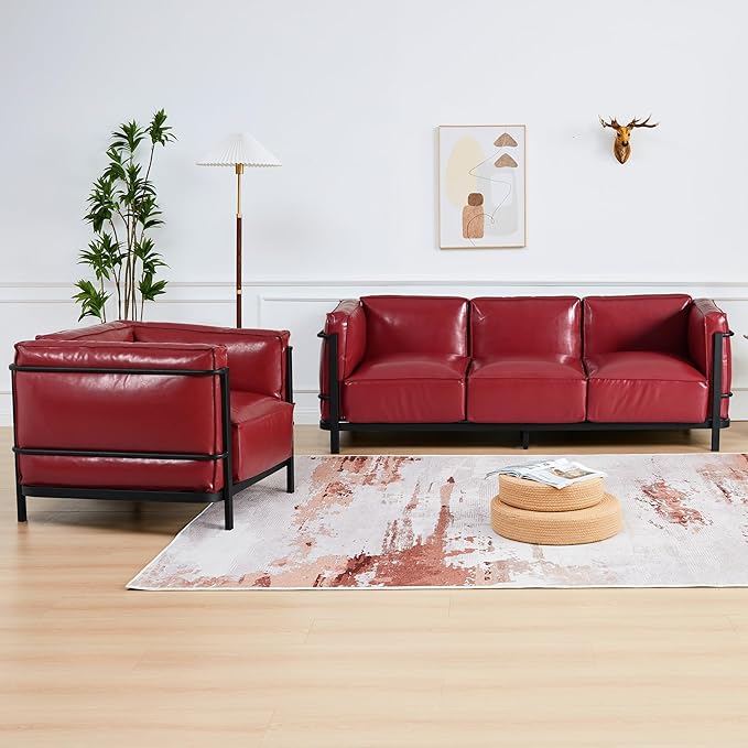 2 Piece Living Room Sofa set Mid-Century Modern Upholstered Couch Chair Faux Leather Sofa Couch with Iron Frame and Upholstered Armrest Backrest Cushion for Living Room Office Apartment (Burgundy)