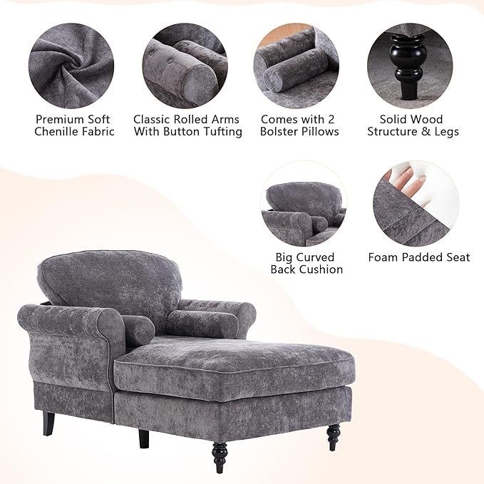 Setawix Chenille Upholstered Chaise Lounger Sleeper Sofa ChairOversized Chaise Lounge Chair Indoor with Rolled ArmsMid Century Modern Lounger Couch for Living Room Bedroom (Dark Grey 43.3 W)