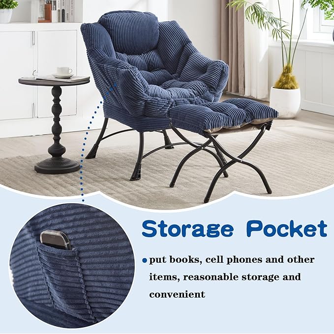 Lazy Chair with Ottoman &amp Storage Pocket Reading Chair for Bedroom Living Room Small Space Comfy Lounge Chairs Steel Frame Oversized Ergonomic Corduroy (Navy Blue)