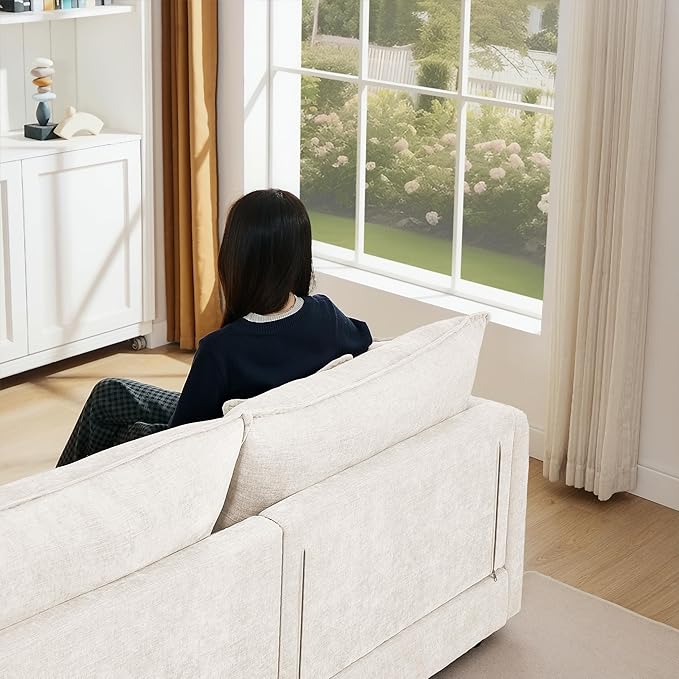 Beige Sectional Modular Sofa Cloud Couch 105 Modern Convertible L-Shape Sofa Deep 3-Seater Soft Chenille Comfy Upholstered with Removeable Ottoman Set and Removable Cushions for Living Room