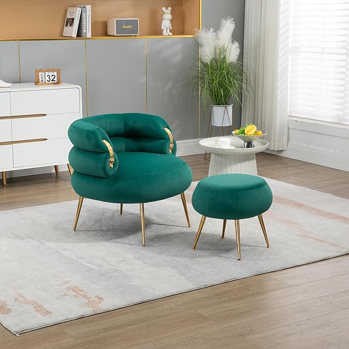 Velvet Oversized Armchair Accent Chair with Ottoman Mid-Century Modern Living Room Chairs Single Sofa Chair with Metal Legs Upholstered Tufted Reading Chairs for Bedroom Office (Green)