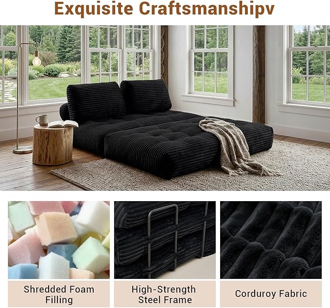 Folding Sofa Bed Convertible Loveseat Sleeper Chair with Pillow Portable Floor Couch for Living Room and Bedroom Comfy Floor Lounge Chair Bed for Small Spaces Black