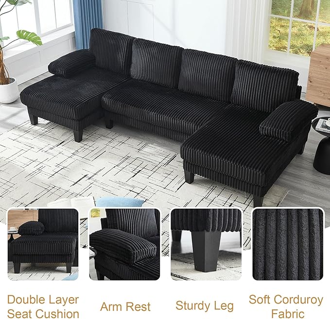 114.2” W Corduroy Sectional Sofa for Living Room U-Shaped Couch with Double Chaises and Comfortable Backrest Modern 4-Seater Deep Cloud Sofa (Black)