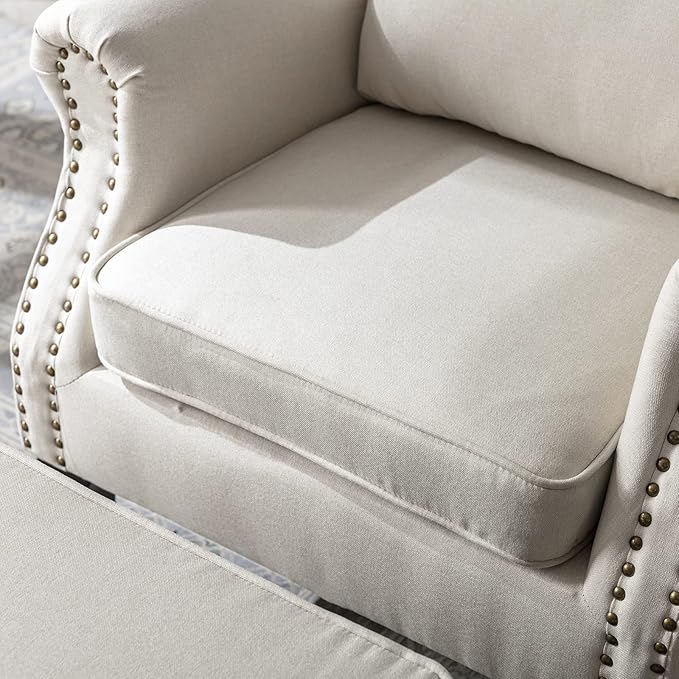 Mid Century Modern Accent Chair Upholstered Armchair Comfy Linen Fabric Tufted Wingback Single Sofa with Ottoman for Bedroom Living Room Beige