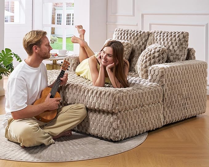 VanAcc 58 Inch Upholstered Chaise Lounge Plush Sleeper Chair with Throw Pillows and Armrests Sofa Bed Indoor for Living Room Brown
