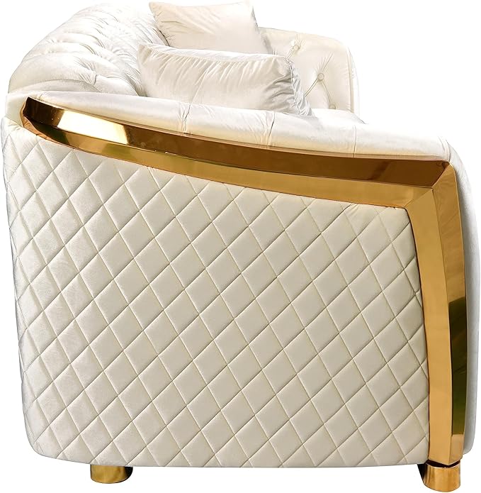 81.1 Beige &amp Gold 3 Seater Sofa Couch Velvet Chesterfield Sofa Modern Sectional Couch for Living Room Button Sofa with 2 Pillows