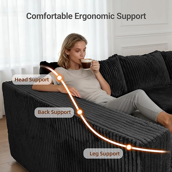 128 U-Shaped Boneless Couch Modern Sectional Modular Couch with Double Chaise Deep Seat Boneless Couches for Living Room Bedroom No Assembly Required Blck