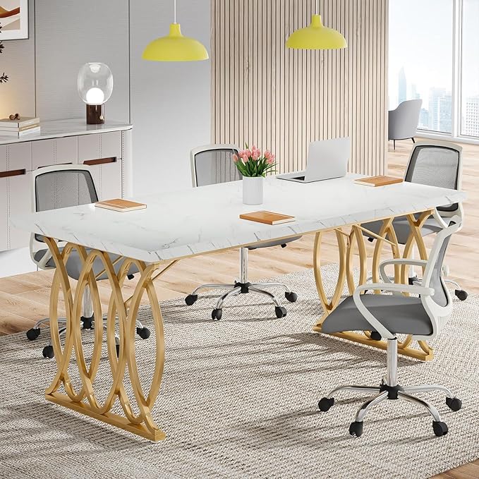 Tribesigns Executive Desk 63 W Large Computer Desk Modern Office Desk Conference Table Meeting Room Table Business Furniture for Home Office White and Gold