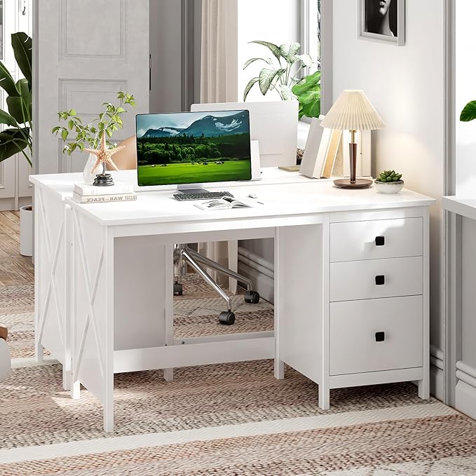 JSB 47.2'' White Computer Desk for Home OfficeFarmhouse Executive Desk with 3 File DrawersStudy Writing Table Storage CabinetMakeup Vanity Desk for Bedroom (White 47.2in)