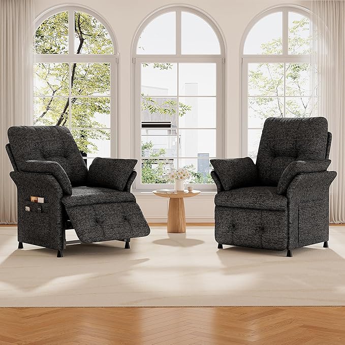 Power Recliner Chair for Adults with Heat &amp Massage - Linen Electric Reclining Sofa with Remote Control 3 Side Pockets 180° Lay Flat Sleeper for Living Room Home Theater Dark Grey