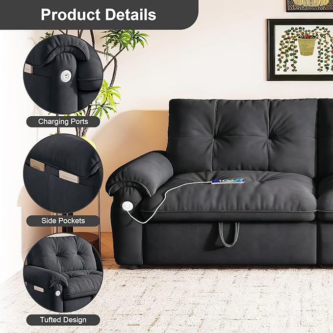 Sleeper Sofa Bed Queen Size Sofa Bed Convertible Pull Out Couch with Adjustable Backrest USB Port and Side Pockets Modern 2 Seater Small Couches for Living Room Space-Saving