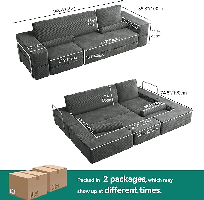 YITAHOME 103 Convertible Sofa Corduroy Cloud Sectional Couch Boneless Couch Sofa Bed with Deep Seat &amp Tall Pillows Sectional Couches for Living Room