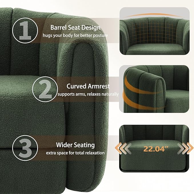 cinkehome Teddy Swivel Accent Chair Barrel Armchair 360° Modern Round Arm Chair with Thickened Cushion Swivel Club Chair for Living Room Bedroom Green