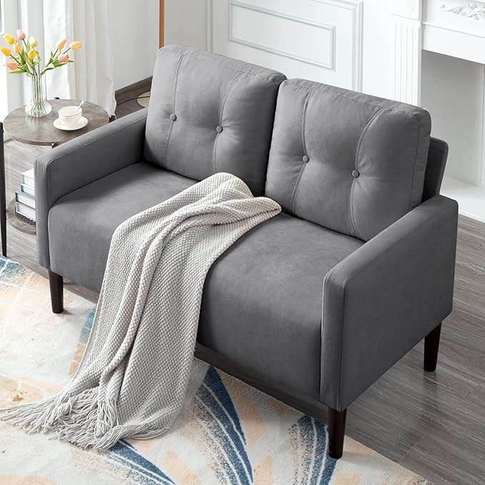 Loveseat Sofa Small Couch for Small Spaces Modern Linen Fabric 2-Seater Sofa with Solid Wood Legs Easy Assembly Apartment Couch for Living Room Office (Light Grey)