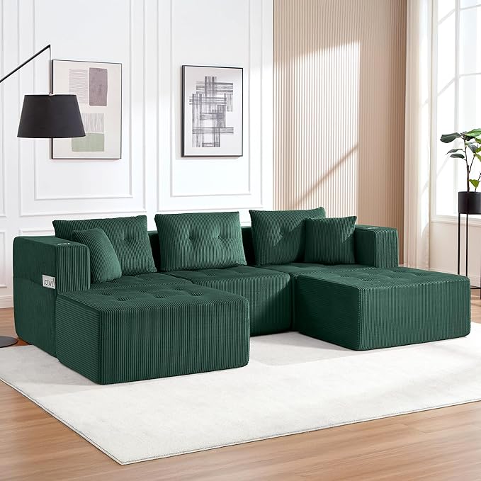 100 U Shaped Modular Sectional Sofa Oversized 5-Seater Boneless Tufted Cloud Couch with Cup Holder and Movable Ottoman Corduroy Upholstery Couches for Living Room No Assembly Green