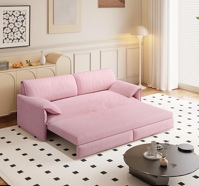 70.1 Queen Pull Out Sofa Bed 3-in-1 Convertible Sleeper Sofa with 2 Soft PillowsMulti-Functional Velvet Loveseat Bed (Pink 66)
