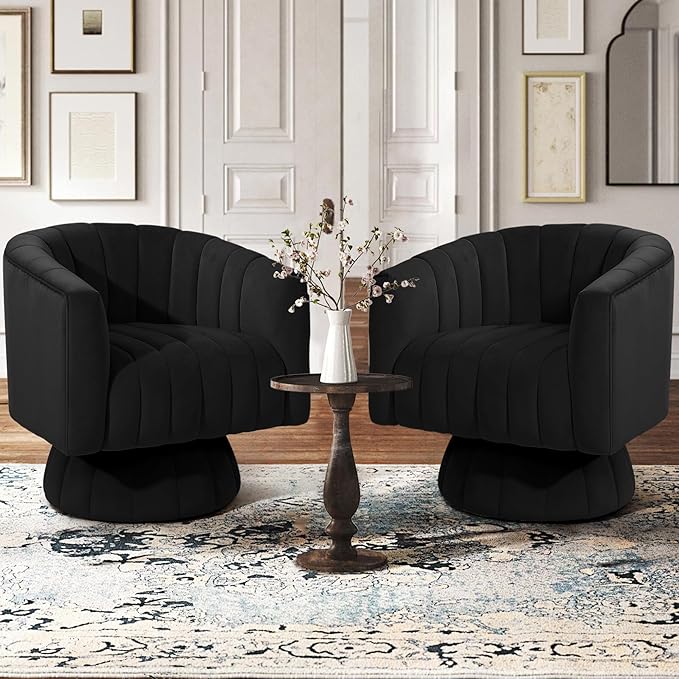Kromax Swivel Accent Chair with Armrest Set of 2 Mid Century 360 Degree Swivel Barrel Chair Overstuffed Tufted Velvet Ideal for Living Room Bedroom Reading Room Black