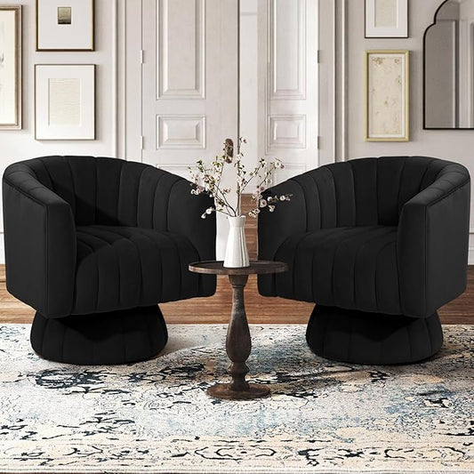 Kromax Swivel Accent Chair with Armrest Set of 2 Mid Century 360 Degree Swivel Barrel Chair Overstuffed Tufted Velvet Ideal for Living Room Bedroom Reading Room Black