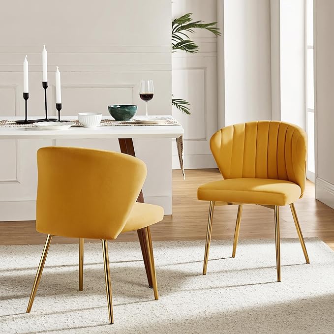 HULALA HOME Velvet Dining Chairs Modern Small Armless Accent Chair with Gold Metal Legs Living Room Upholstered Cute Side Chair Elegant Tufted Back Vanity Chair for Bedroom/Beauty Room-Mustard