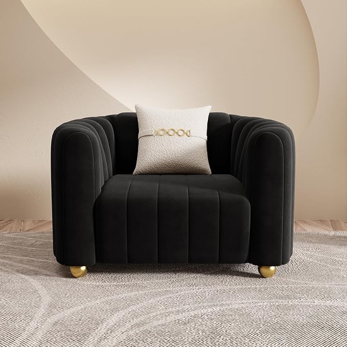 Modern Black Velvet Sofa Chair for Living Room 42 Single Sofa with Gold Metal Sphere Legs (Black 1S)