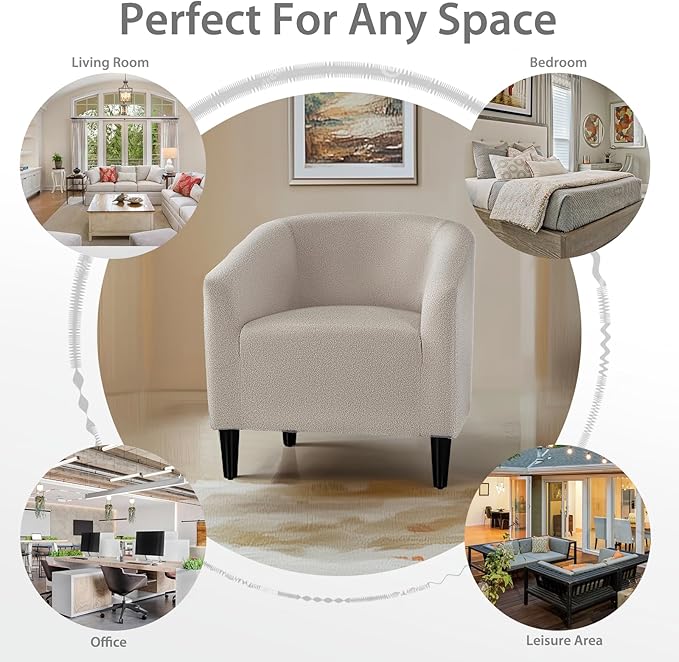 Modern Accent Chair Upholstered Barrel Armchair Single Sofa Lounge Chair with Wood Legs Comfortable Lounge Chair for Living Room Bedroom Office Small Spaces Light Gray