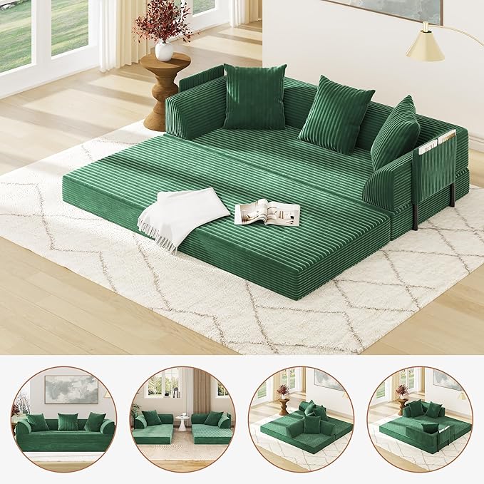 XVD 79 Boneless Sleeper Sofa Bed Convertible Futon Couch with Pillows and Storage Pocket Pull Out Compressed Sofa for Living Guest Room Bedroom Green