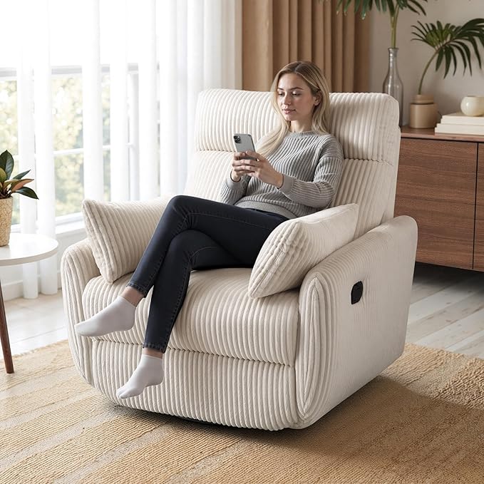 Swivel Recliner Chair for Adults Corduroy Nursery Glider Rocking Chair Armchair with 2 Pillows Comfy High Back Reclining for Small Spaces Nursery Bedroom Living Room (Corduroy Beige 1 Pack)