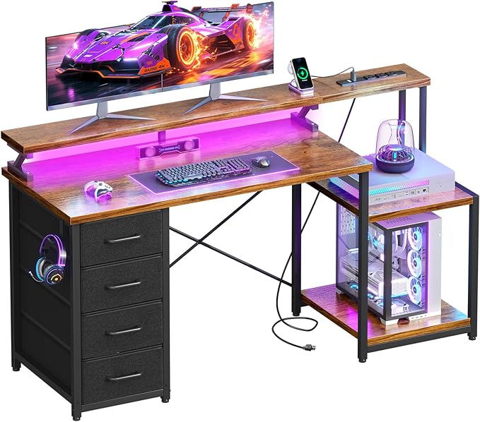 ODK 55 Inch Computer Desk with 4 Fabric Drawers &amp Power Outlets Home Office Desk with Monitor Stand &amp Shelves Brown