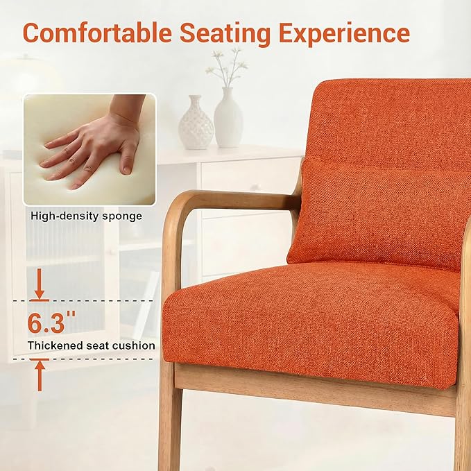 Mid Century Accent Chair Comfy Arm Chair with Solid Wood Frame Upholstered Modern Chair for Living Room Bedroom Waiting Room Orange