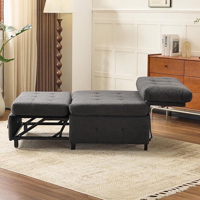 VINGLI Convertible Single Sofa Bed Tufted Teddy Fleece Sleeper Chair Bed Armless Living Room Chair Chaise Lounge with Adjustable Backrest Pull Out Couch Bed for Small Spaces (Dark Grey) | Armless Sofa