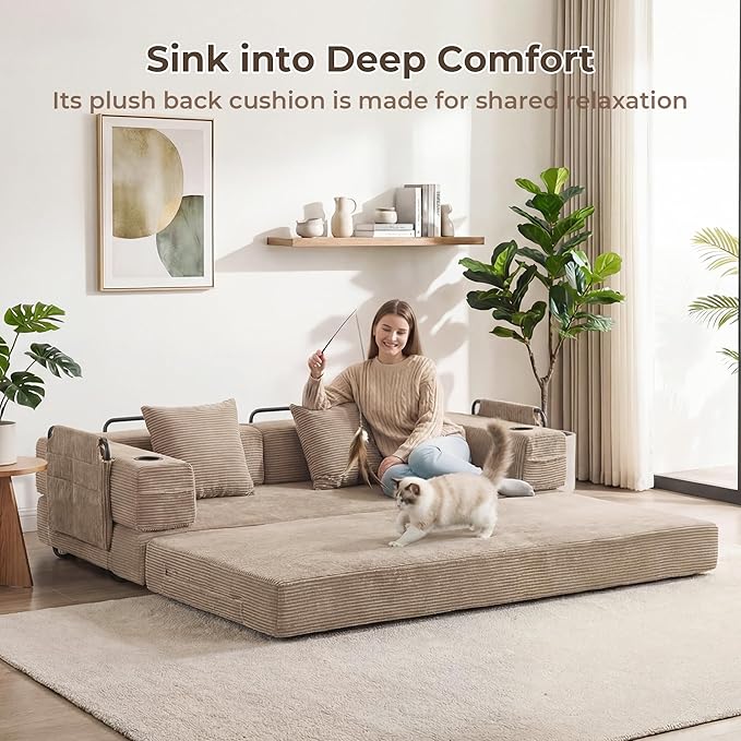 WELAX 72.8 Convertible Sleeper Sofa Bed Boneless Cloud Queen Futon Couches with Cupholders &amp Storage Pockets Corduroy Folding Floor Couch for Bedroom Apartment No Assembly Khaki