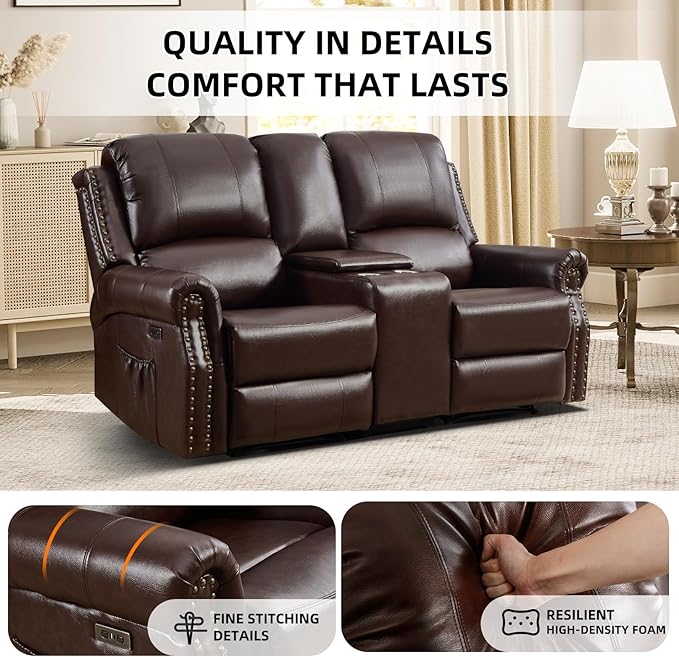 EBELLO Power Reclining Loveseat Faux Leather Double Recliner Sofa with Side Pocket Center Console Hidden Storage &amp Cup Holders Vintage Rivet Mid-Century Modern Design for Living Room Red Brow