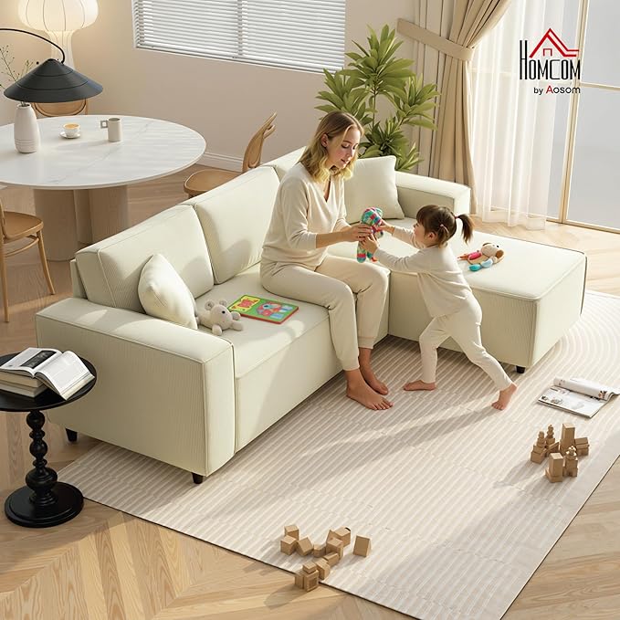 HOMCOM 95 Sectional Sofa with Reversible Chaise Lounge L-Shaped Corner Sofa with Corduroy Fabric Pocket Spring 2 Pillows Wide Arm Thick Padded 3 Seat Couch for Living Room Cream White