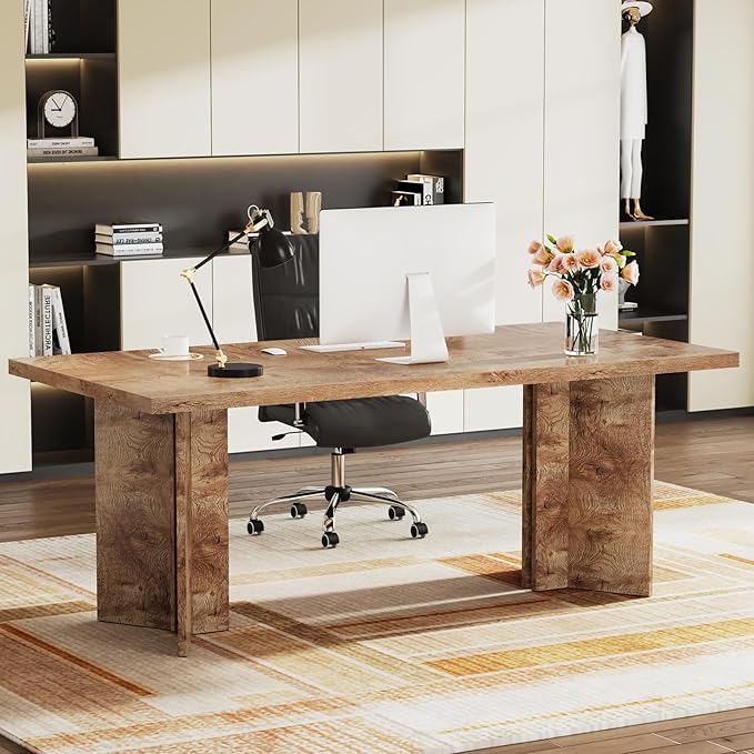 Tribesigns 63-inch Executive Desk Vintage Home Office Computer Desk with Large Tabletop Farmhouse Wood Writing Conference Table Workstation for Office Study Light Oak Brown