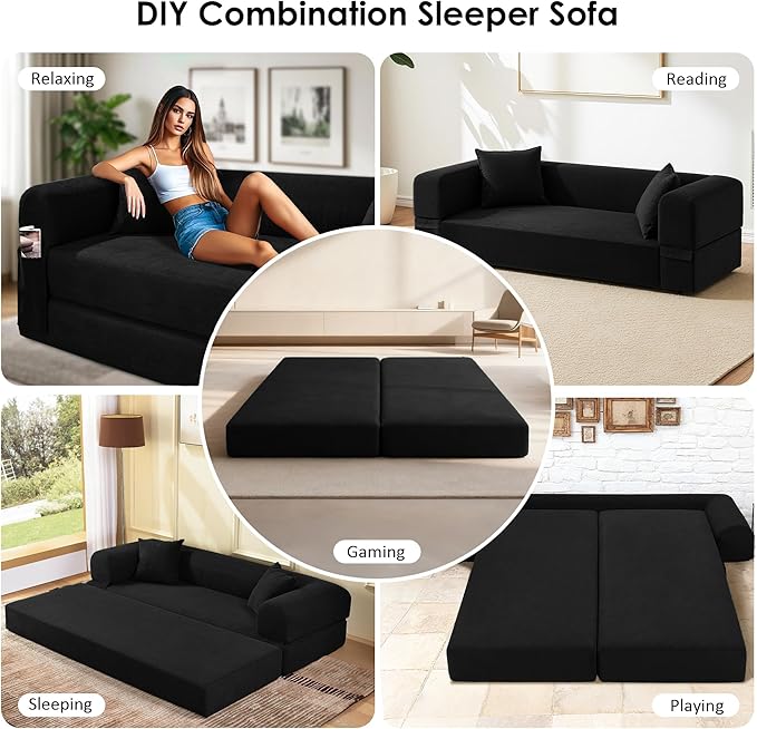80 Convertible Sofa Bed 3-in-1 Corduroy Folding Pull Out Couch with Pillows No Assembly Modern Boneless Couch Compression Sofa in Box Floor Sofa with Side Storage for Living RoomBlack