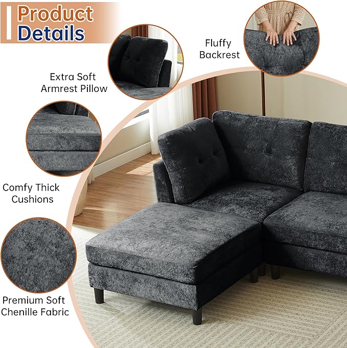 100 Sectional Couches for Living Room Modular Sectional Sofa Couch Modern Linen L Shaped Couch 4 Seater Convertible Sofa for Living Room Apartment Office Dark Grey