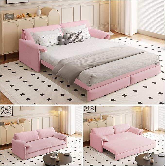 66 Queen Size Pull Out Sofa Bed 3-in-1 Convertible Sleeper with Side Storage and Wheels Velvet Loveseat for Living Room Apartment Bedroom Pink (Mattress &amp Bedding Not Included)