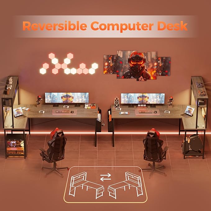 Mericonia 59 inch Large L Shaped Desk with Pegboard Hutch &amp Shelves Corner Gaming Desk with Power Outlet LED Light &amp Storage Bag Reversible Computer Desk for Home Bedroom Office Workspace
