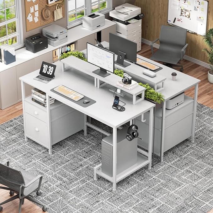Furologee 47 Inch Computer Desk with Power Outlet Home Office Desk with Monitor Stand File Drawers Cabinet CPU Stand &amp Hooks Writing Table for Bedroom Study Work White