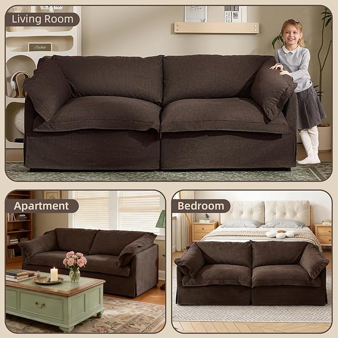 81'' Sofa Couch with Storage 3 Seater Sofa with Extra Deep Seats Retro Couch with Removable Washable Cover for Living Room Brown