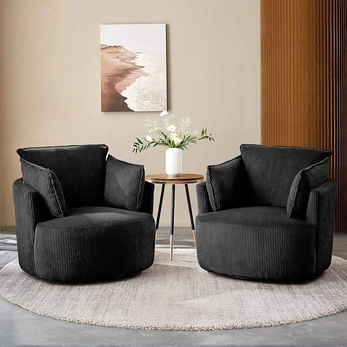 Swivel Accent Chair Comfy Reading Chairs for Bedroom Modern Corduroy Armchair 360°Swivel Barrel Chairs for Living RoomApartment (Black Chair Without Ottoman)