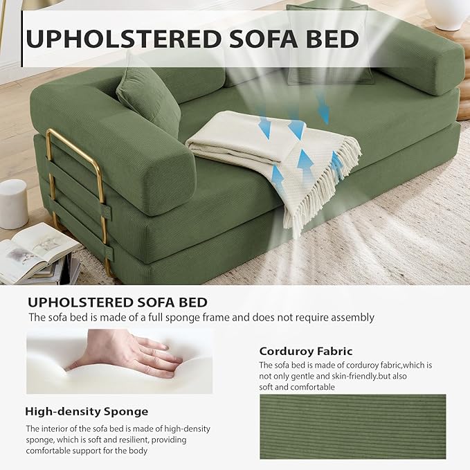 4-in-1 Folding Convertible Sofa Bed 78 Inch Oversized Corduroy Upholstered Boneless Couch Loveseat Sleeper with Pull Out Bed Floor Sofa Modular Futon Couch for Living Room Bedroom Lounge Green