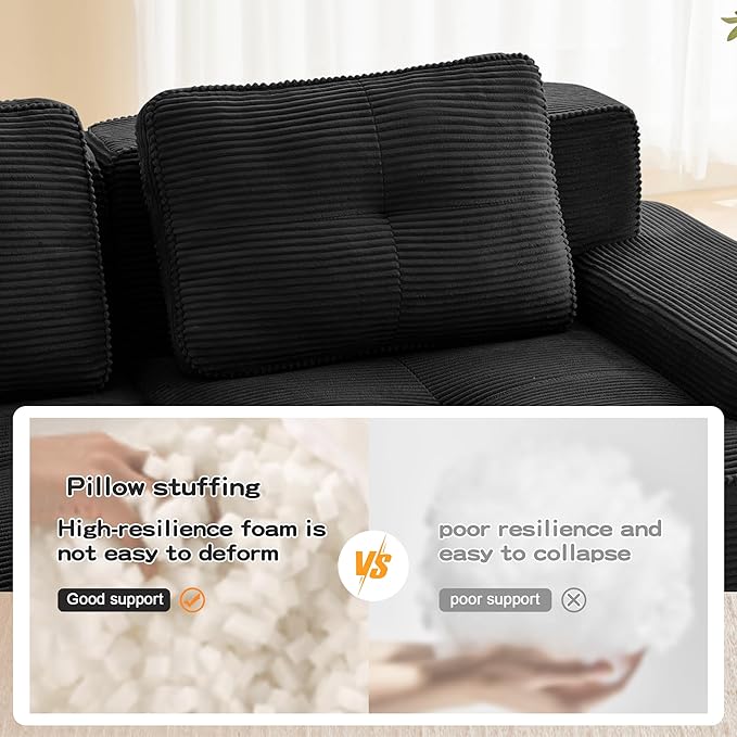 150.4'' Sectional Sofa 32D Foam Corduroy Boneless Couch with Pillow Deep Seat Wide Arm Sectional Couch for Apartment Living Room Bedroom