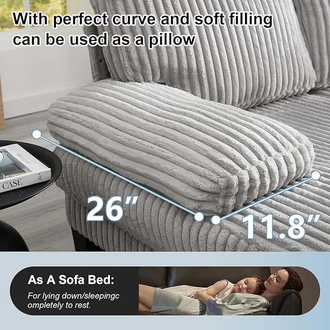 114 Cloud Couch Modular Sectional Sofa Convertible U-Shaped Couch with Double Chaise Lounge Corduroy Upholstery Sofa Double Cushions Deep Seat Sleeper Sofas Couches for Living Room Light Grey