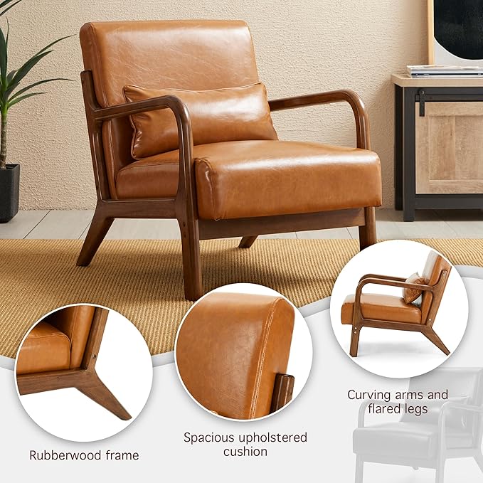 Glitzhome 30 H Mid Century Yellowish Brown Accent Armchair Single Reading Sofa PU Leather Lounge Chair with Walnut Ruberwood Frame for Livingroom or Office