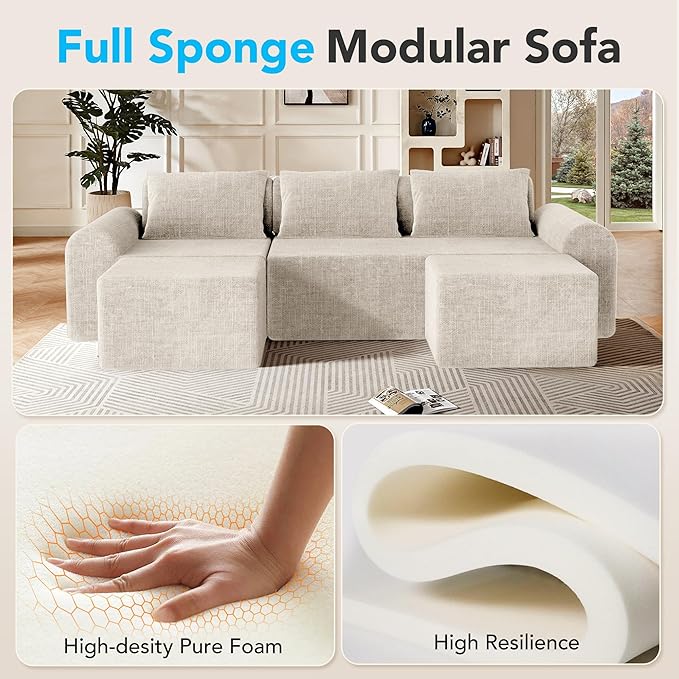 Cloud Sectional Couch with 2 Ottomans &amp 3 Pillows Boneless Couches for Living Room U Shaped Sectional Sofa Deep Seat Comfy Couch for Small Spaces No Assembly Required 72h to Restore