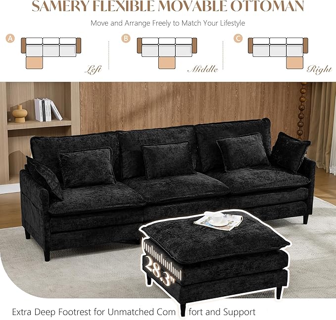 SAMERY 111 L Shaped Couch Cloud Sofa Modular Sectional Couch with Large Ottoman 3 Seater Chenille Oversized Deep Seat Sectional Sofa with Pillows for Living Room Bedroom Apartment