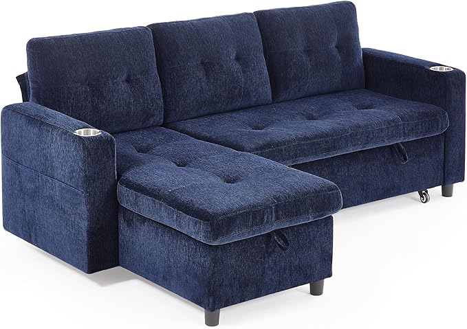 ONBRILL Sleeper SofaPull Out Couch Bed with Storage ChaiseL Shaped Cloud Couch with Adjustable BackrestSectional Couches for Living RoomApartmentTool-Free Assembly ChenilleBlue